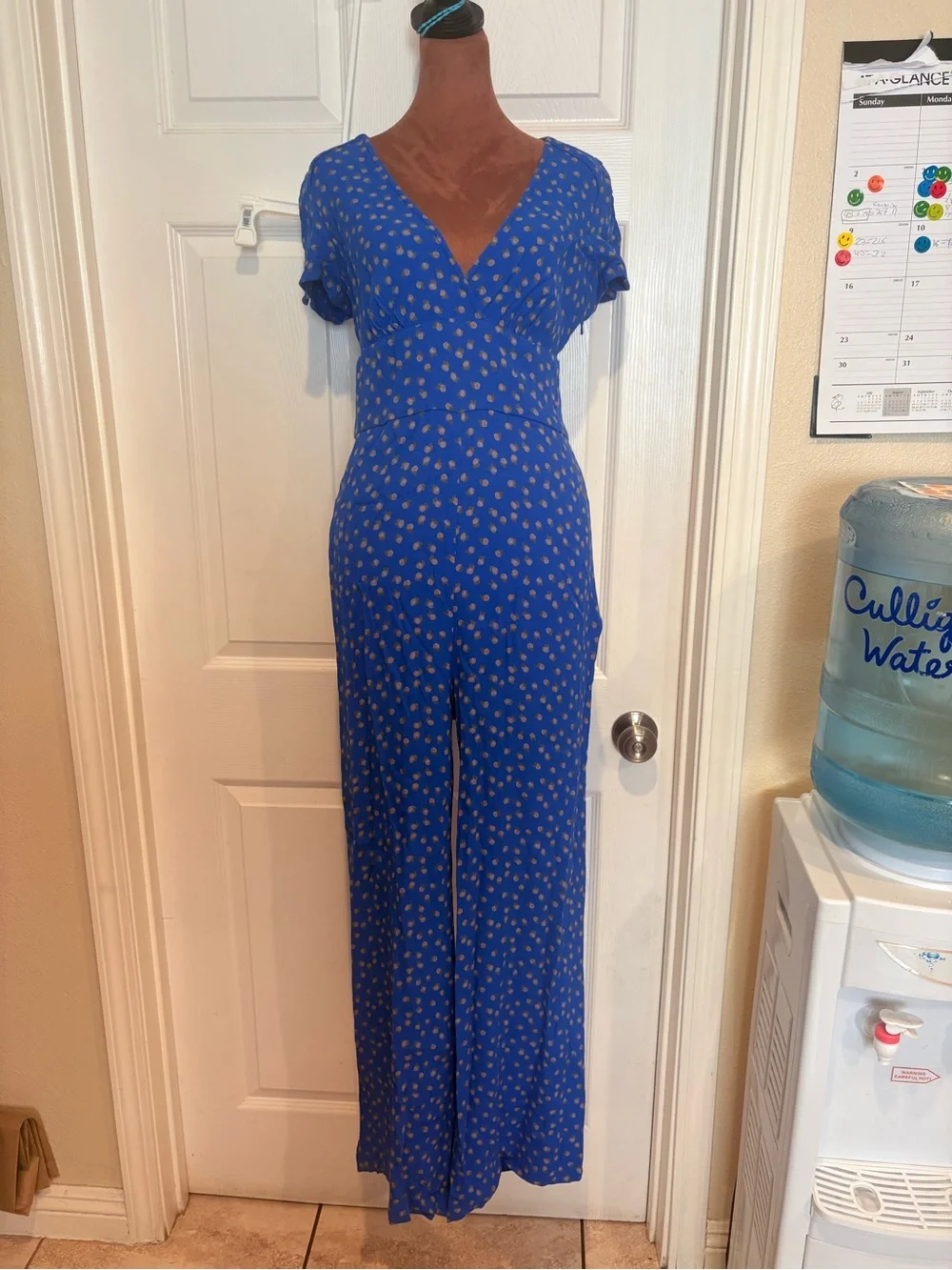 Free People Royal Blue V-Neck Wide-Leg Jumpsuit with Dot Print